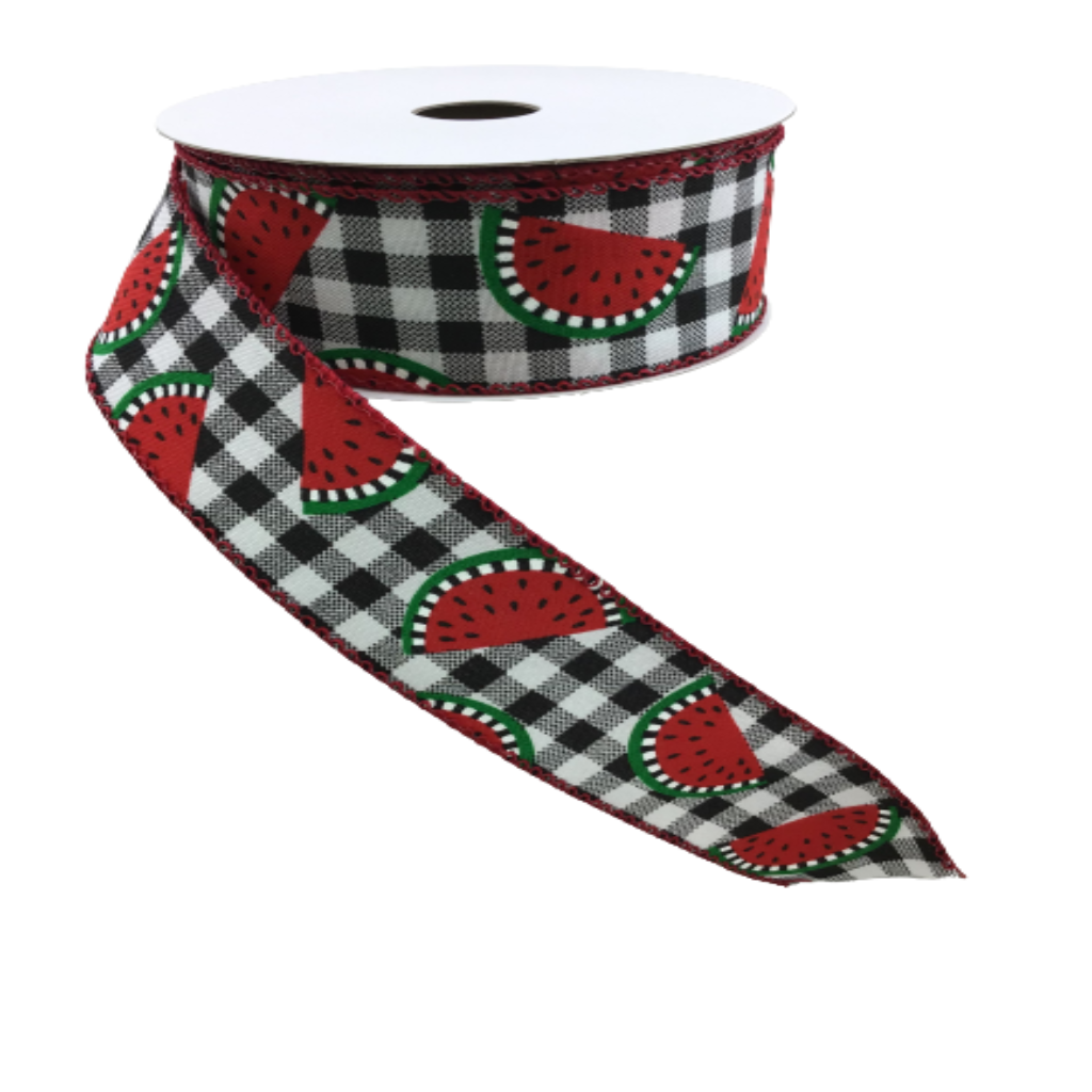 1.5 Inch By 10 Yard Black And White Buffalo Plaid With Watermelon Slices Ribbon