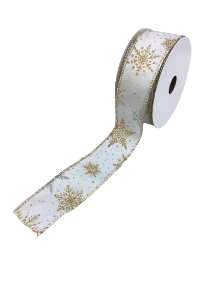 1.5 Inch White Satin With Gold And Silver Snowflake Ribbon