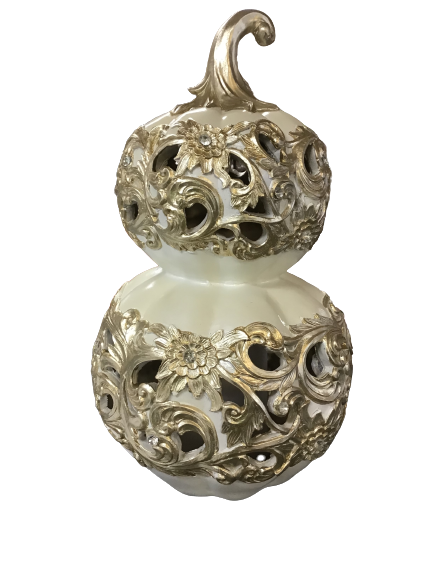 Hay & Harvest Resin Stacked Pearl Pumpkin Luminary With Cut Outs