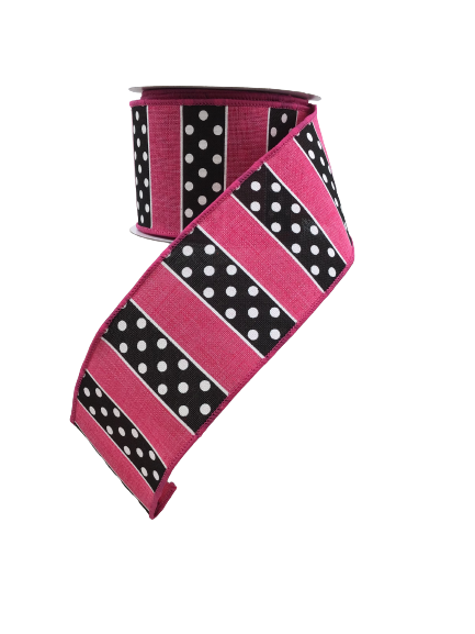 2.5 Inch By 10 Yard Hot Pink With Black Stripes White Polka Dot Ribbon