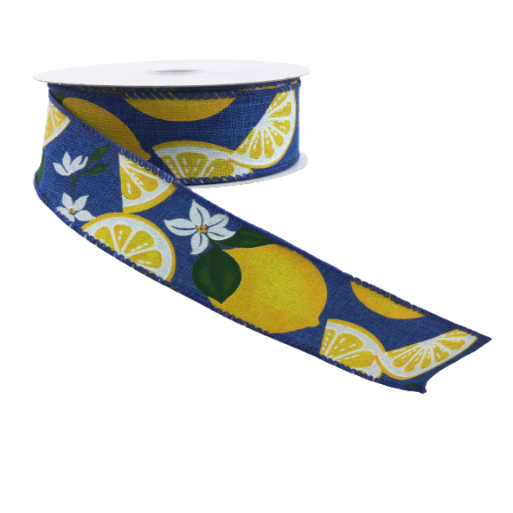 1.5 Inch By 10 Yard Royal Blue Linen With Lemons And Flowers Ribbon