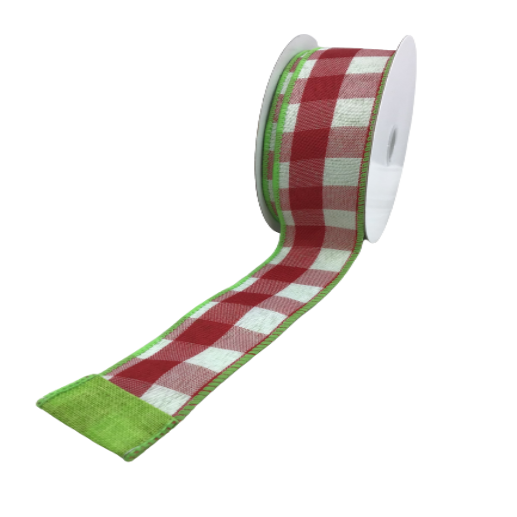 1.5 Inch By 10 Yards Two Sided Red And White Buffalo Plaid With Lime Edge Ribbon