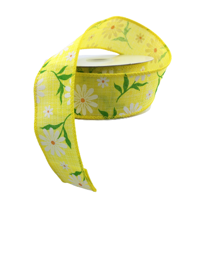 1.5 Inch Yellow With White Daisies Ribbon
