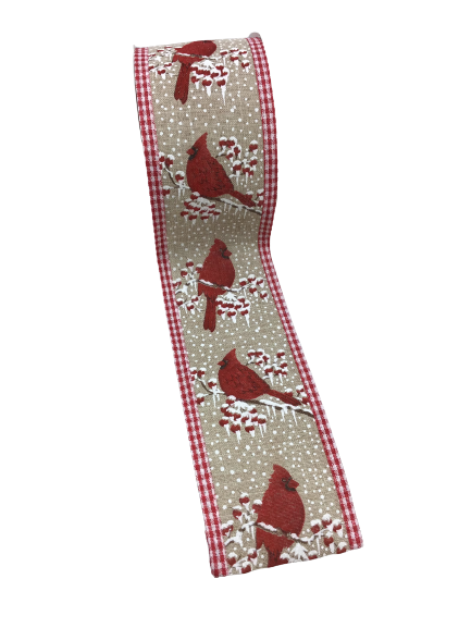 2.5 Inch Cardinal On Branch Red White Check Edge Ribbon