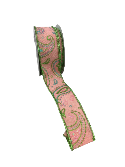 1.5 Inch X 10YD Pink And Green Paisley On Royal