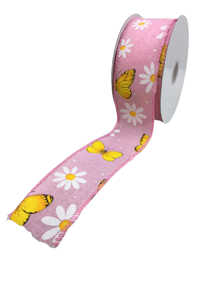 1.5 Inch By 10 Yard Pink Linen With White Daisies and Yellow Butterflies Ribbon