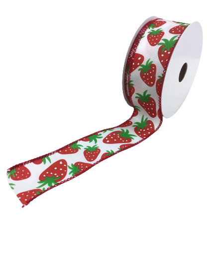 1.5 Inch By 10 Yard White Satin With Strawberries Ribbon