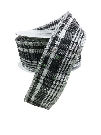 1.5 Inch Frosted Glitter Black White  Silver Plaid Ribbon