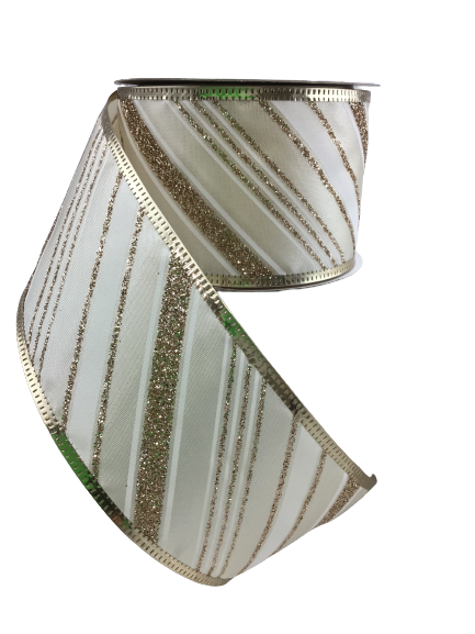 2.5 Inch Ivory Champagne Glitter Diagonal Striped Ribbon