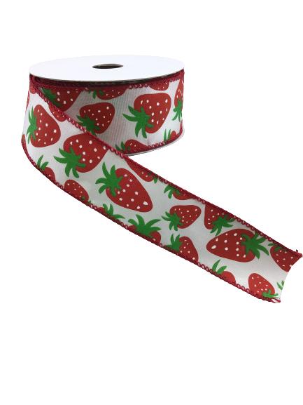 1.5 Inch By 10 Yard White Satin With Strawberries Ribbon