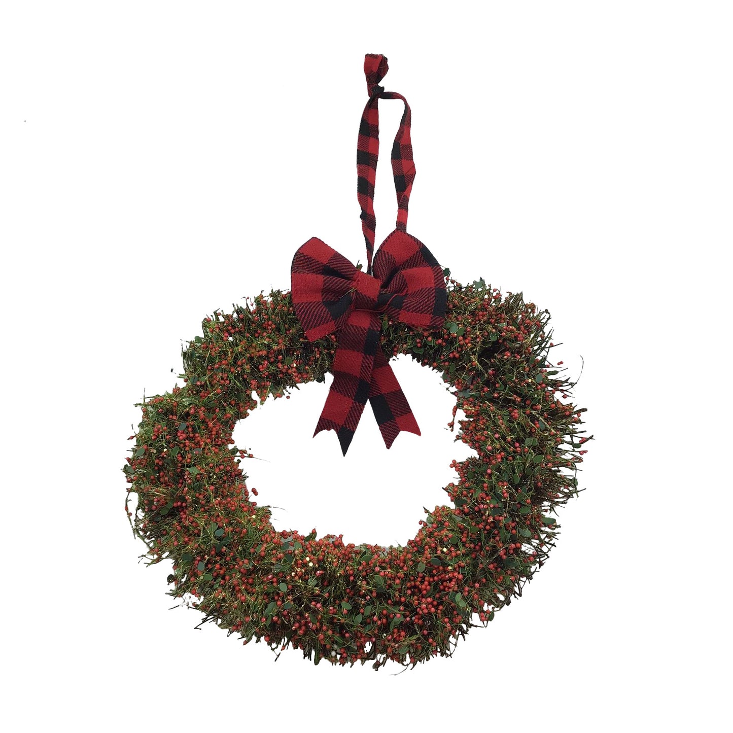 12 Inch Berry Wreath With Red/Black Plaid Bow