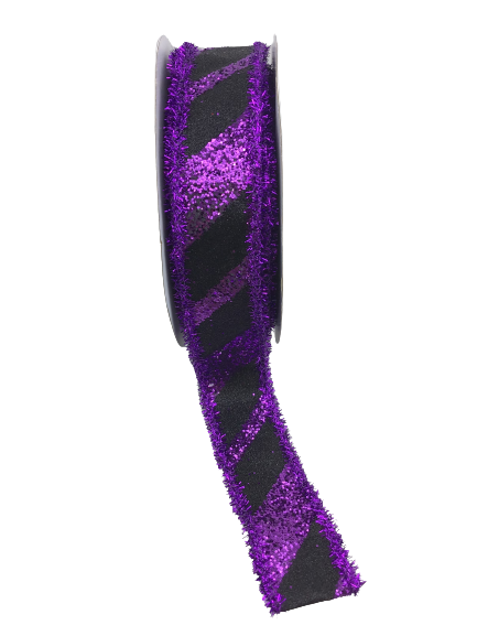 1.5 Inch Glittered Purple Black Stripe Tinsel Edge Ribbon