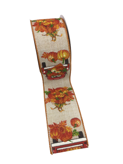 2.5 Inch Natural Ribbon With Pumpkins And Red Trucks