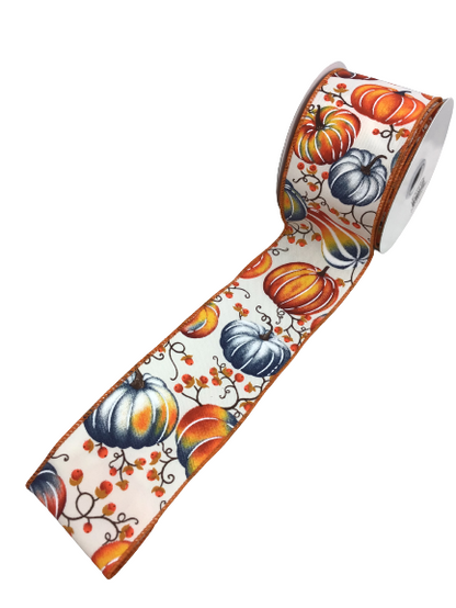 2.5 Inch Ivory With Orange And Blue Pumpkins Ribbon