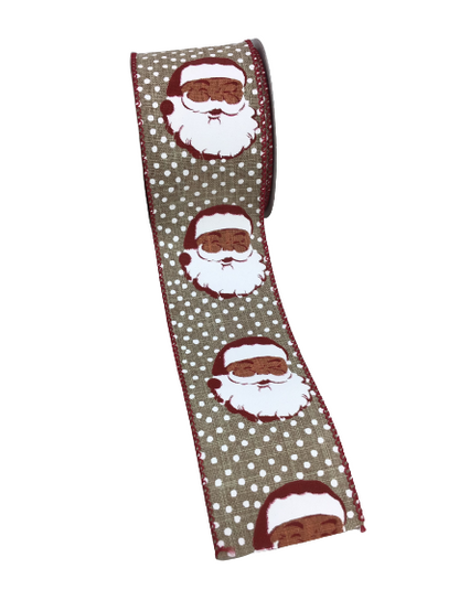 2.5 Inch Natural Linen Santa Face Polka Dot Ribbon