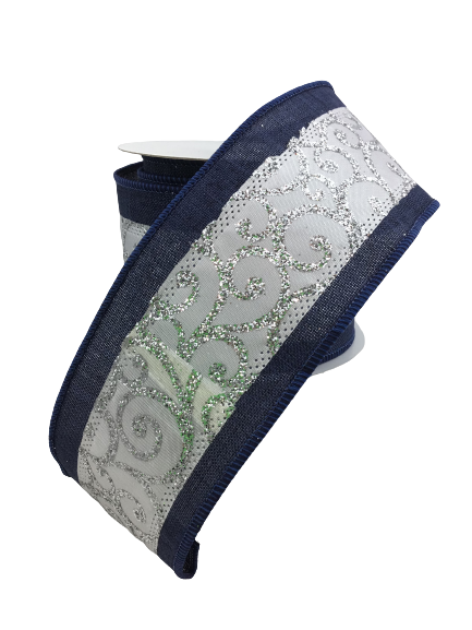2.5 Inch Navy With Silver Glittered Swirl Ribbon
