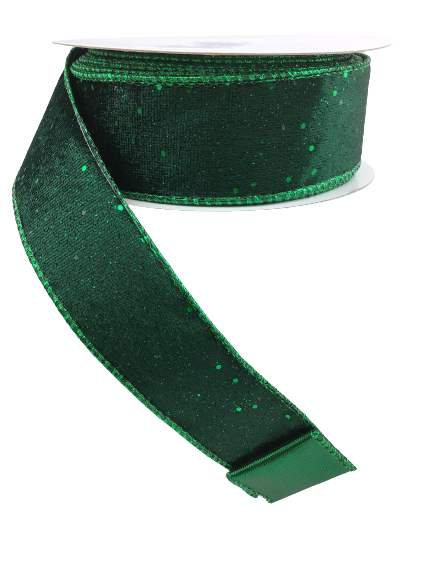 1.5 Dark Green Glittered Lush Velvet Ribbon