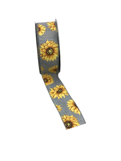 1.5 Inch Gray With Sunflowers Ribbon