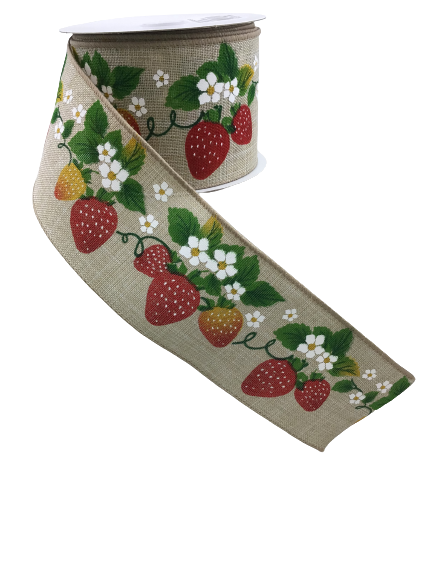 2.5 inch by 10 Yard Natural Linen Strawberries Flowers Ribbon