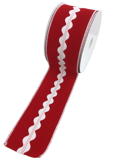 2.5 Inch By 10 Yards Red Velvet With White Rick Rack Stripe Ribbon