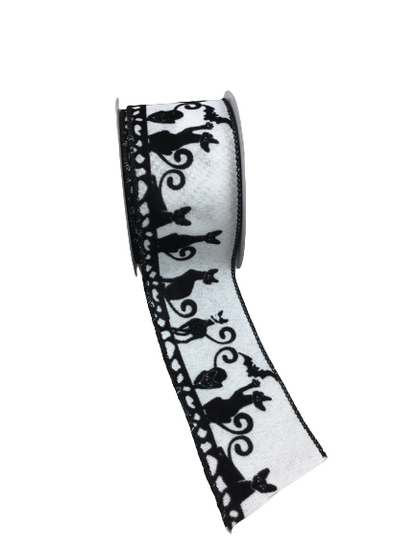 2.5 Inch White With Black Cats And Bats Ribbon