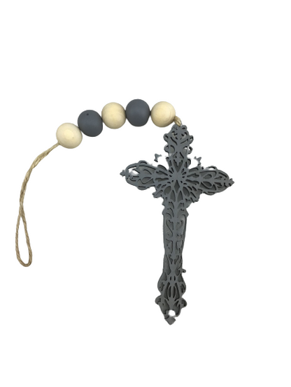 9.5 Inch Natural And Gray Wood Beaded Cross Ornament