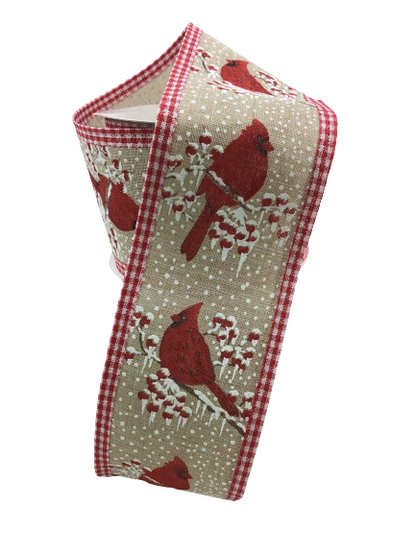 2.5 Inch Cardinal On Branch Red White Check Edge Ribbon