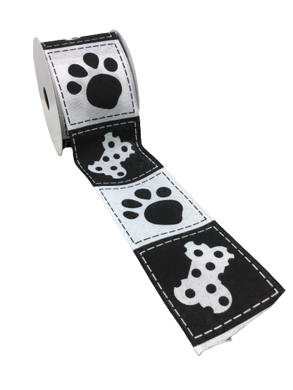 2.5 Inch By 10 Yard Black White Doggie PawPrints Bones Ribbon