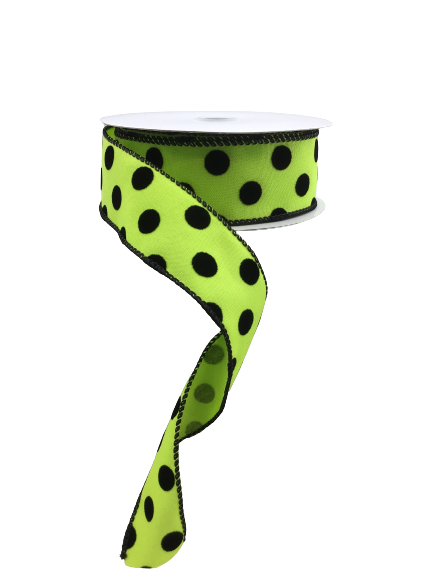 1.5 Inch Lime Green With Black Polka Dots Ribbon