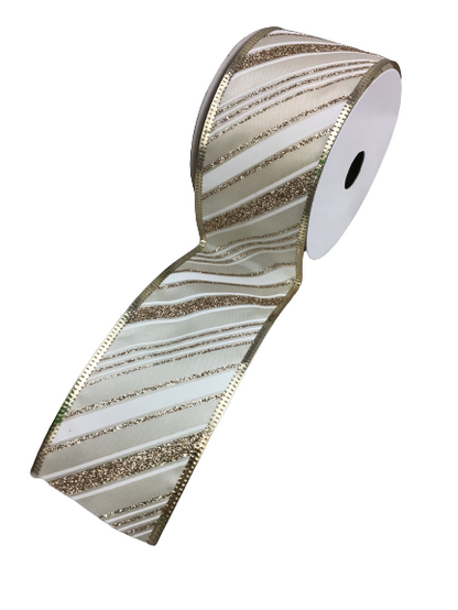 2.5 Inch Ivory Champagne Glitter Diagonal Striped Ribbon