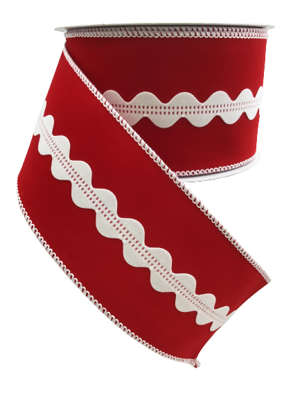 2.5 Inch By 10 Yards Red Velvet With White Rick Rack Stripe Ribbon