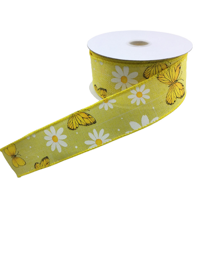 1.5 Inch By 10 Yard Yellow Linen With White Daisies And Yellow Butterflies Ribbon