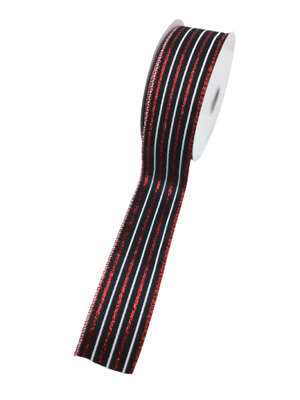 1.5 Inch Black With Red Glittered White Stripes Ribbon