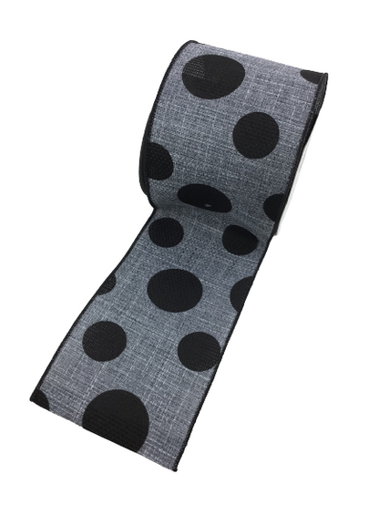 4 Inch Black Polka Dots On Gray Ribbon