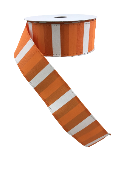 1.5 Inch By 10 Yards Orange Satin With Peach And White Horizontal Stripes Ribbon