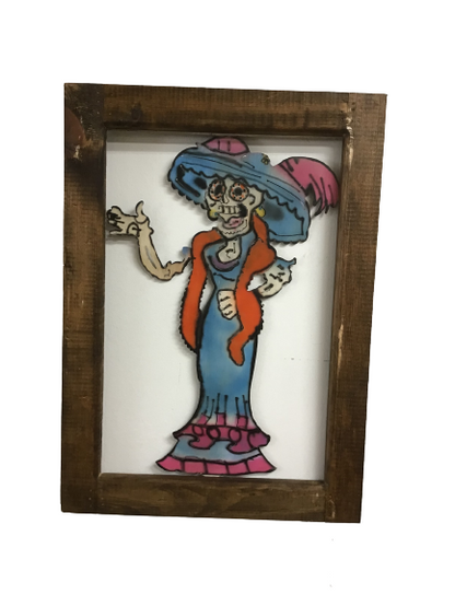 Sugar Skull Skeleton Metal In Wood Frame Blue Dress