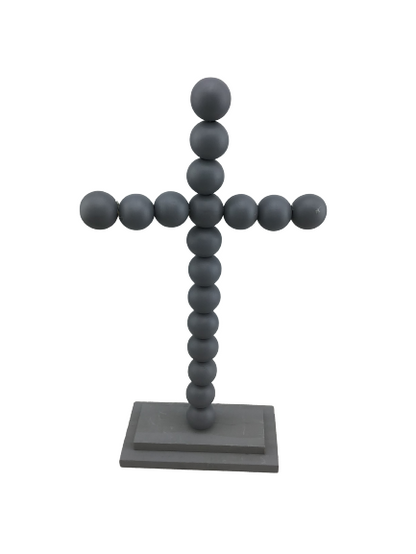 13 Inch Gray Tabletop Wood Bead Cross
