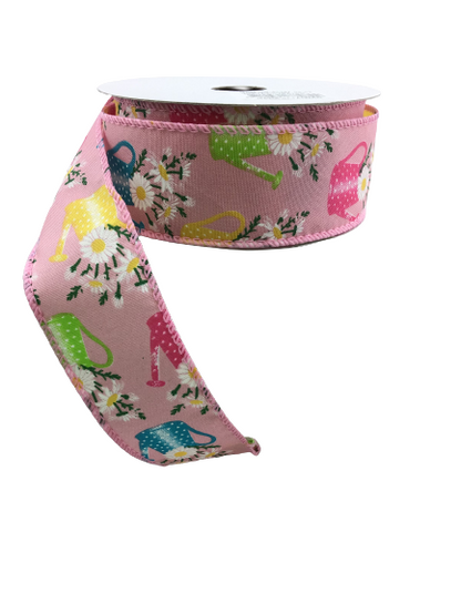 1.5 Inch Pink Watering Can And Flowers Ribbon