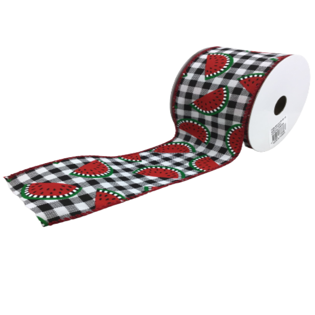 2.5 Inch By 10 Yard Black And White Buffalo Plaid With Watermelon Slices Ribbon