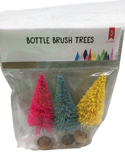 4 Inch 3 Pack Pastel Bottle Brush Trees Pink Blue Yellow