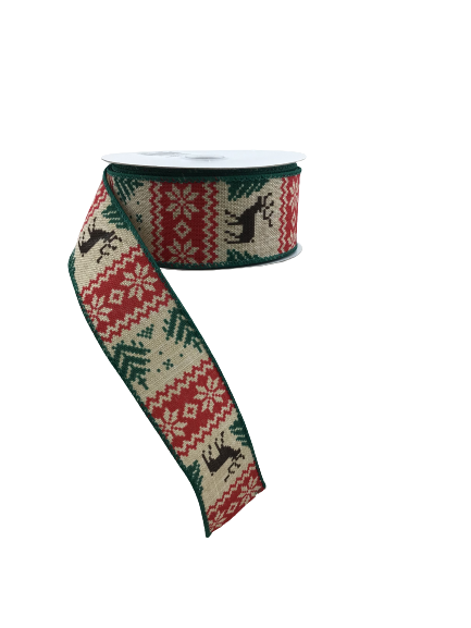 1.5 Inch By 10 Yards Red Green With Reindeer Ribbon