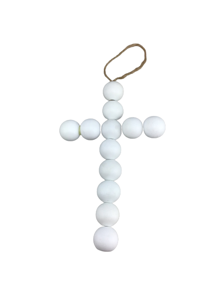 8 Inch White Wood Bead Cross Ornament