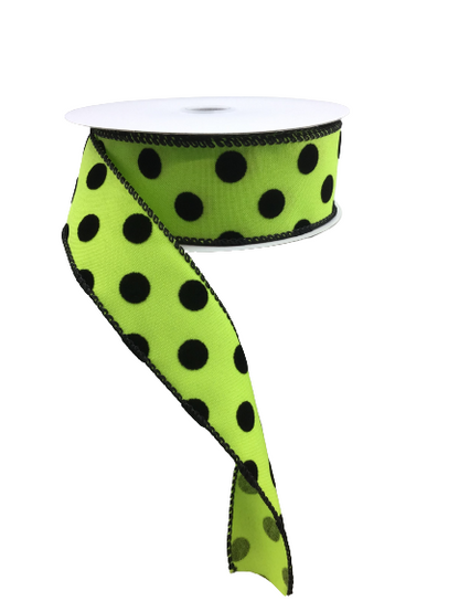 1.5 Inch Lime Green With Black Polka Dots Ribbon