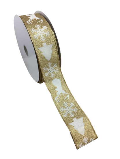 2.5 Inch By 50 Yards Gold Glitter White Tree Snowflake Reindeer Stamps Ribbon