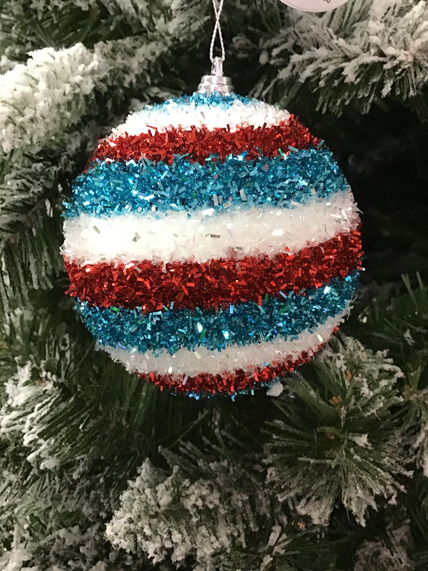 Red White Blue Horizontal Striped Tinsel Ball Ornament