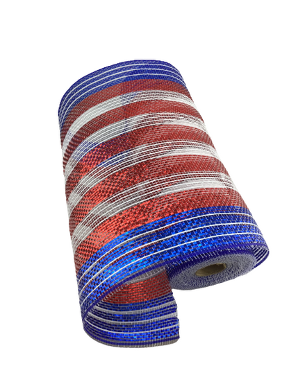 10.25 Inch by 10 Yard Red White And Blue Striped Metallic Netting