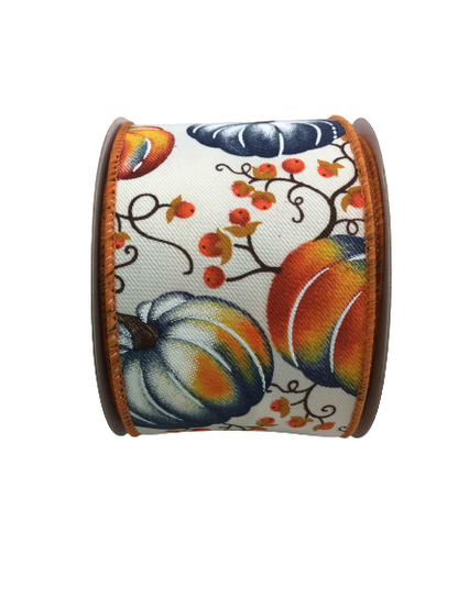 2.5 Inch Ivory With Orange And Blue Pumpkins Ribbon