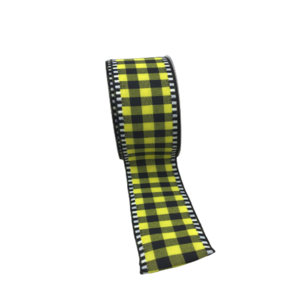 1.5 Inch By 10 Yard Yellow And Black Checkered With Plaid Black and White Edge Ribbon
