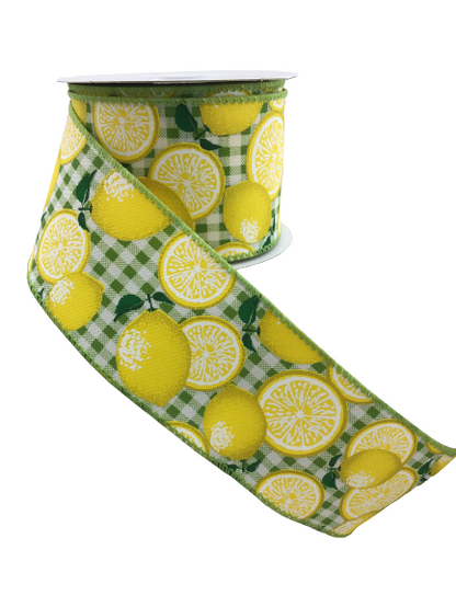 2.5 Inch By 10 Yards Green And White Gingham With Lemon Ribbon