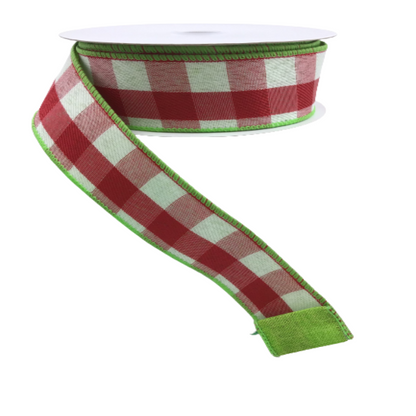 1.5 Inch By 10 Yards Two Sided Red And White Buffalo Plaid With Lime Edge Ribbon